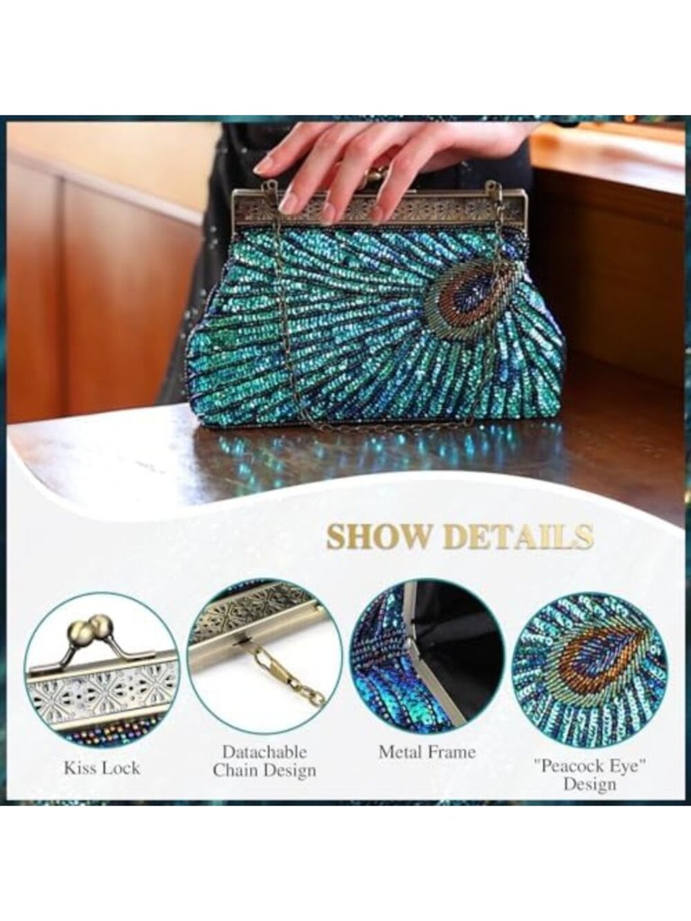 Vintage 1920s Beaded Sequin Peacock Evening Clutch Bag for Party & Wedding - Picture 5 of 6